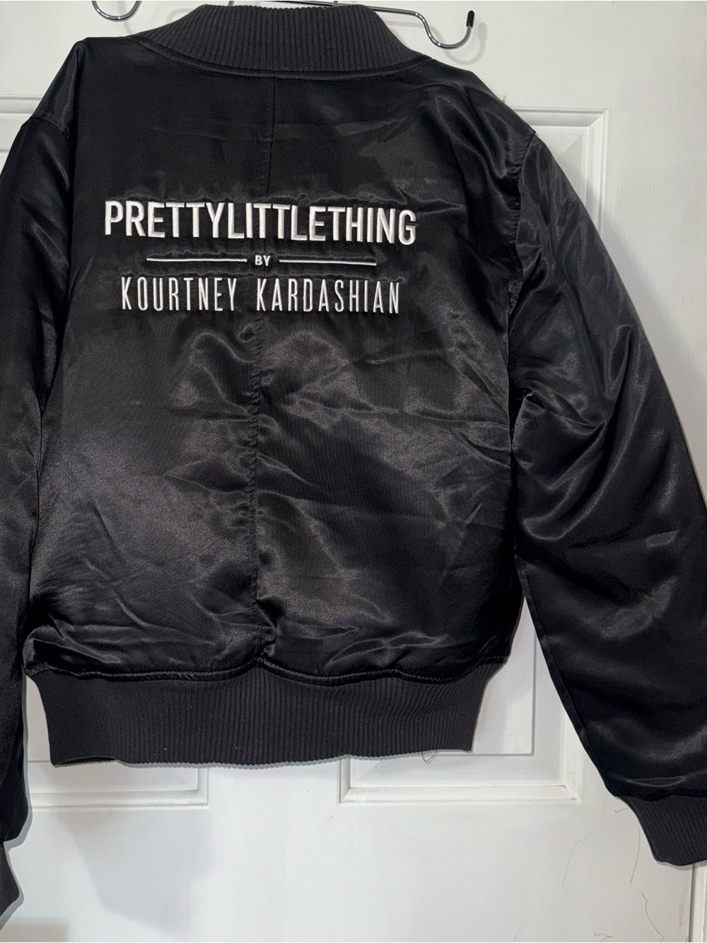 PrettyLittleThing Black Satin Kids Bomber Jacket with Back Logo